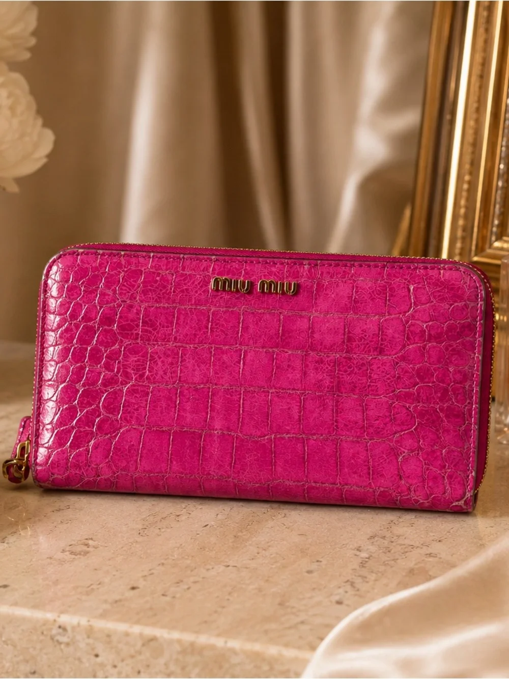 Miu Miu Croc-Embossed Zip Leather Continental Wallet in Fuchsia Pink